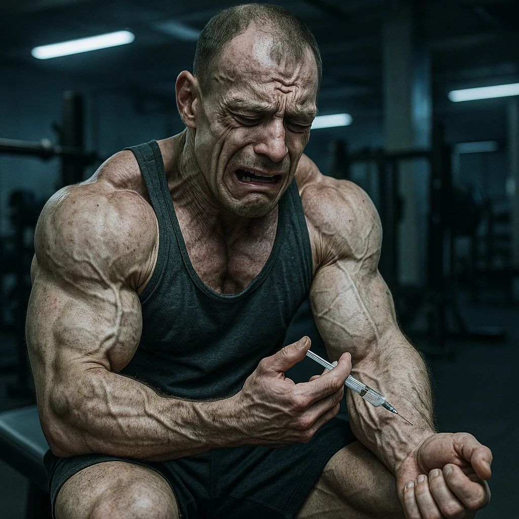  bodybuilder che fa dosaggi a caso, e quindi sta male, iper realistica emoji