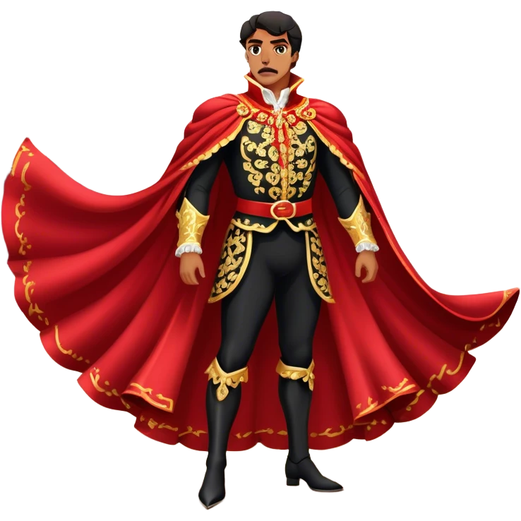 Spanish Matador – Cinematic Realistic Spanish Matador, portrayed in an ornate traje de luces with a flowing red cape, standing poised in a classic bullring with swirling dust and dramatic light, his intense expression and elegant stance capturing both bravery and artistry. emoji