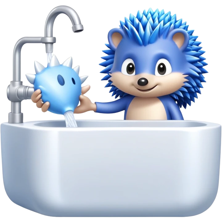 Blue cartoon hedgehog character and silver cartoon hedgehog character in a bathroom washing hands emoji
