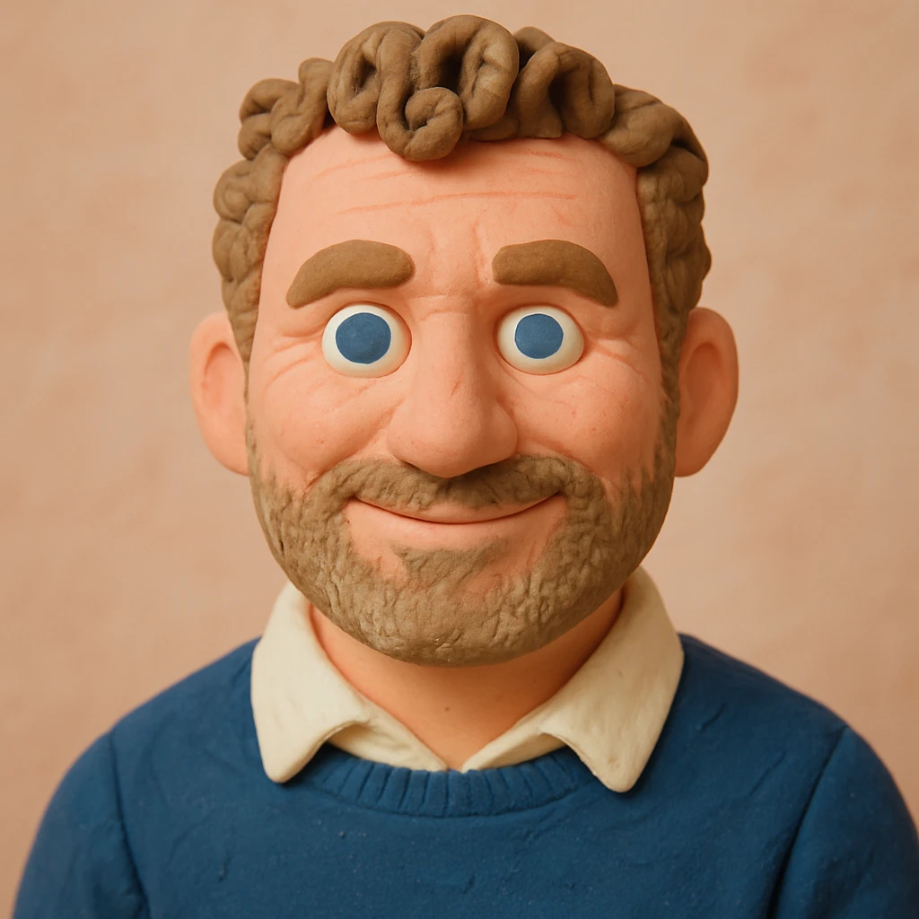 Create a claymation-style portrait emoji of the person in the reference image, looking a bit younger with a friendly expression. Use pastel colors and include visible clay texture. Focus on head and shoulders only. emoji