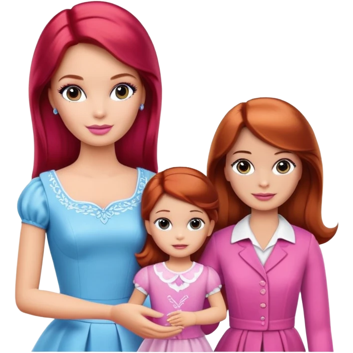 A barbie girl with makeup with brown hair with a child, a daughter, a girl with red hair, holding her hand in  and a husband, a man with brown hair, a family emoji