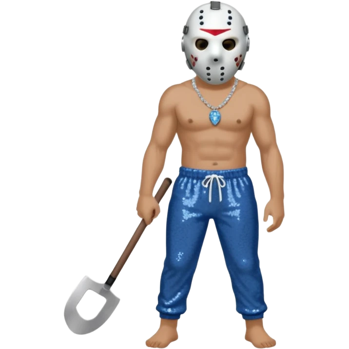 Jason Voorhees with white hockey mask, blue-gray sequin baggy pants, shirtless with necklace emoji