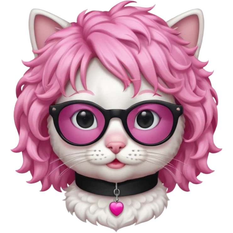 White cat wearing pink curly wig, black sunglasses emoji