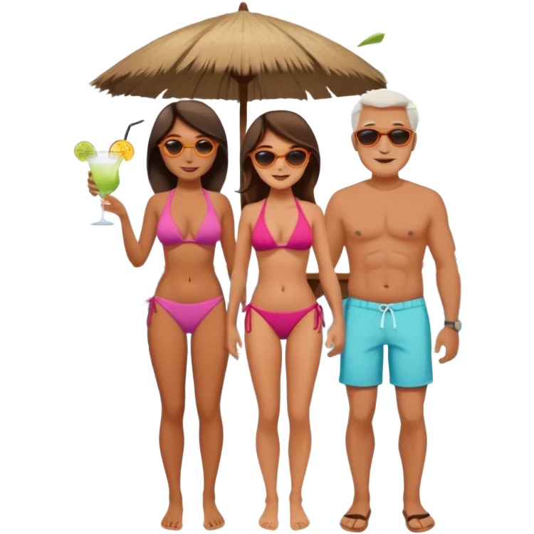 Family of daughter, mother, father and son on vacation on Maldives, in bikini and with cocktails emoji