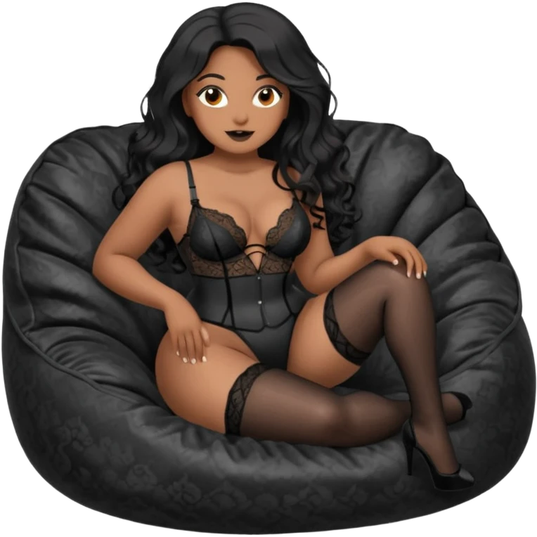 Curvy woman with brown skin with long wavy black hair, dark brown eyes. She's wearing a see through black lace cat suit, black lace thong, black stockings and suspender belt, she's sat on a big dark grey bean bag chair, she has her legs open emoji