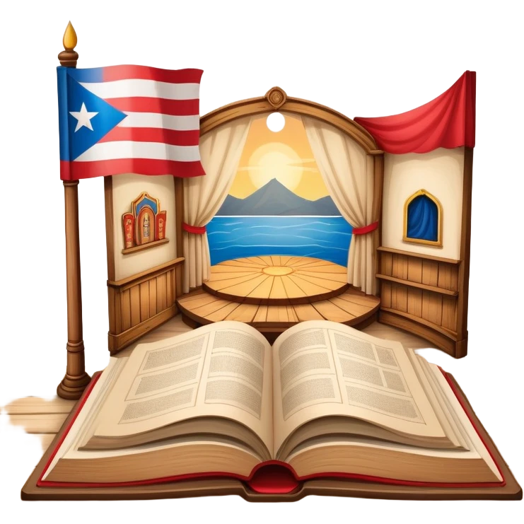 Timeless open book with visible pages of hand-drawn theater backdrop sketches, stage layouts and set designs, Puerto Rican flag motifs integrated throughout, wooden cover with theater symbols, warm light emoji