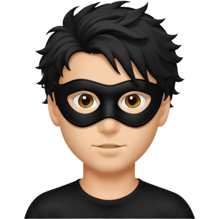 messy hair boy in a sleek black mask, playful eyes showing emoji