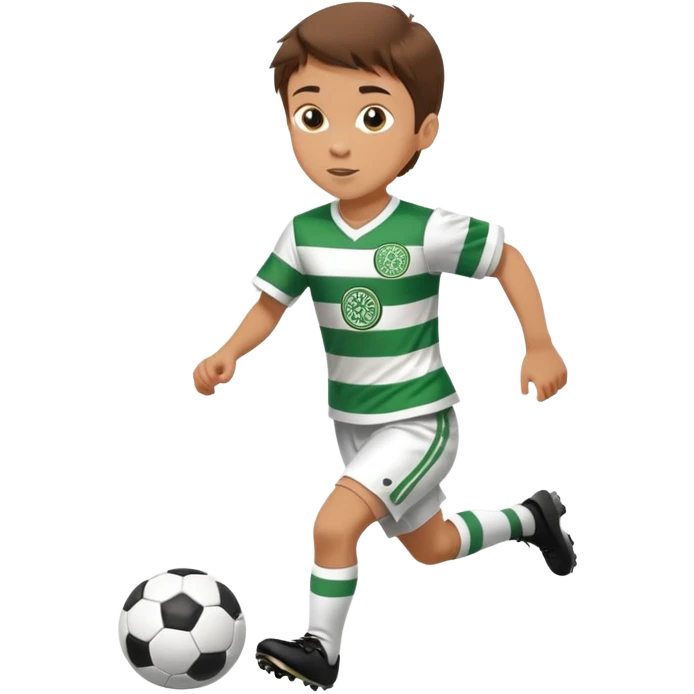 Brown hair 6 years old white boy footballer RUNNING playing soccer wearing CELTIC  UNIFORM  has white stripes ) # 17 in the jersey !  emoji