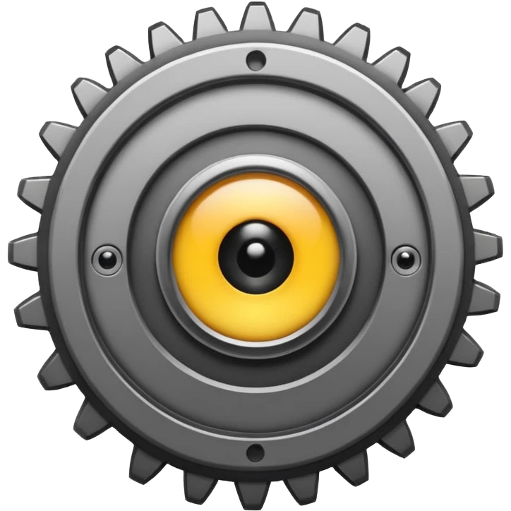 Minimalist emoji-style sticker of a mechanical gear with a realistic eye in the center. Flat graphic icon in grayscale. emoji
