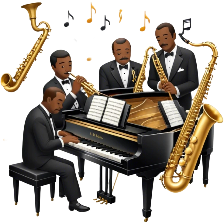 Icon for Jazz Music: Count Basie Orchestra, with Count Basie at the piano surrounded by jazz musicians playing instruments like saxophones, trumpets, and drums. Floating musical notes should capture the energetic and smooth vibe of big band jazz. Transparent background. emoji
