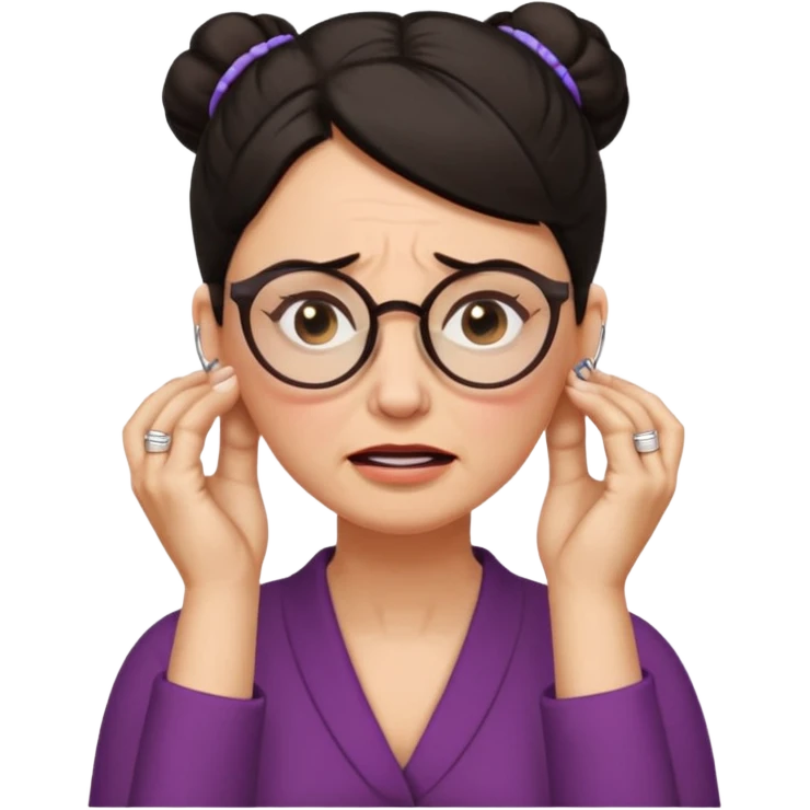  middle aged woman with dark hair pulled up in a high bun, wearing round ring earrings and glasses with a very painful expression on her face, eyes squeeed shut, wincing in pain,covering her ears with her hands, trying to not hear a terribly loud noise emoji