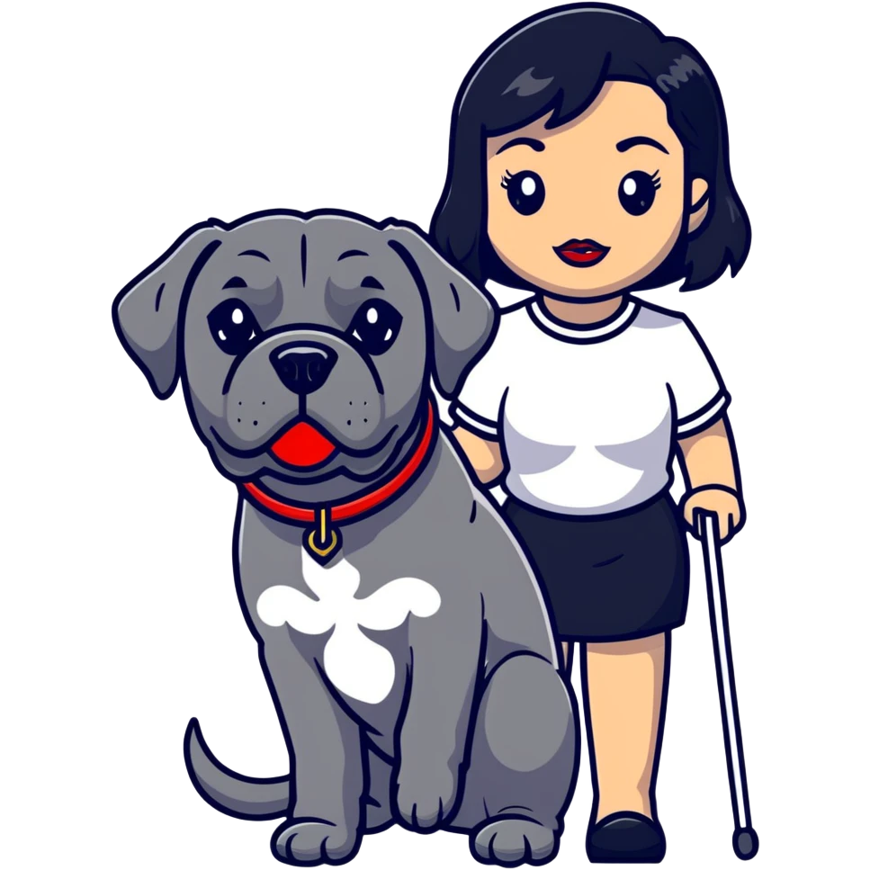 fashionable woman with red lips and black hair with a Cane Corso dog emoji