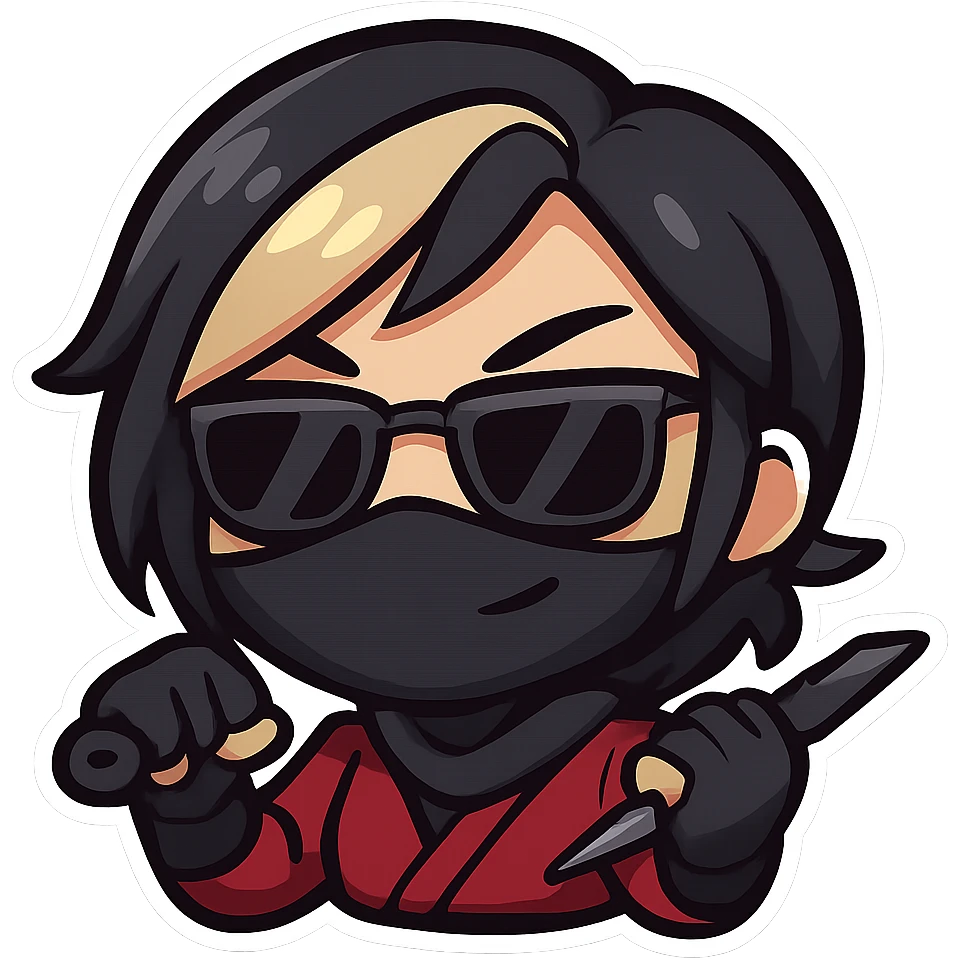 Sexy chibi ninja girl with black short hair and a blonde streak, only head and arms, colorful chibi style with bold outlines, transparent background, no mask, cool face with sunglasses and a smirk, sized for Twitch emoji use. emoji