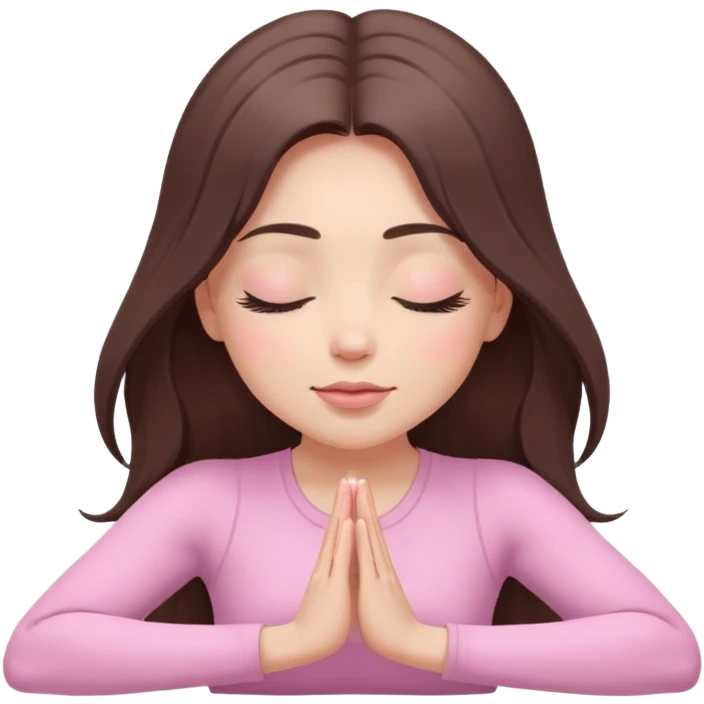 Brunette long hair Woman wearing pastel pink with eyes closed and long eyelashes doing yoga mediation  emoji