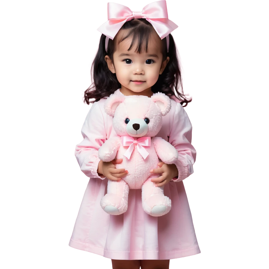 cute toddler girl with pastel pink clothes holding a pink teddy bear emoji