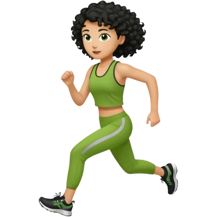 a woman with olive skin tone and curly black hair wearing green and jogging emoji