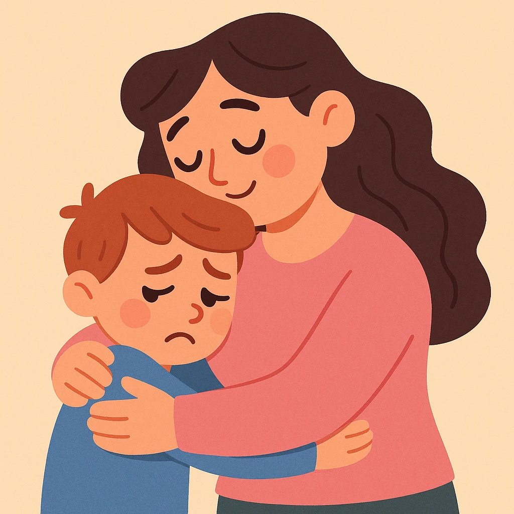mother hugging sad child, gentle and comforting emoji