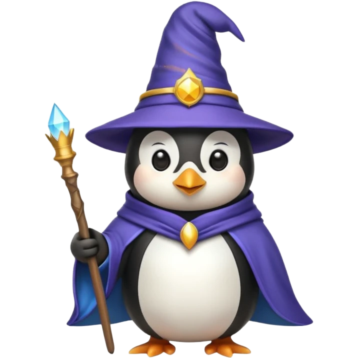 penguin dressed as a wizard with a pointy hat and a magic wand, fun emoji style emoji