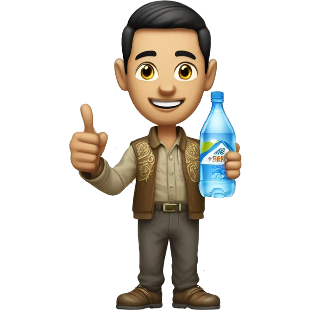 caricature of a man wearing Indonesian santri-style clothing holding a mineral water bottle pointed forward, and one hand giving a thumbs up.  emoji