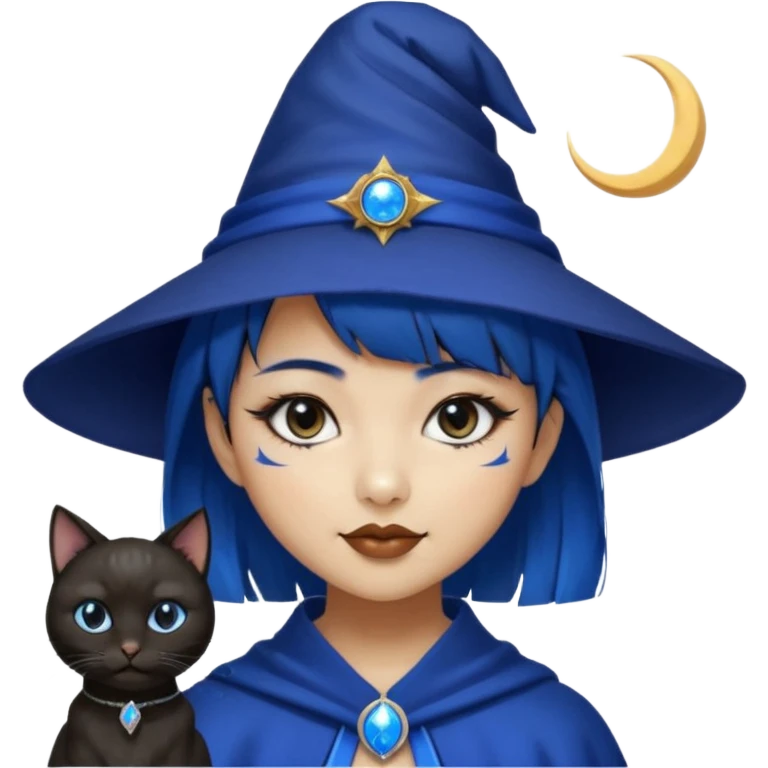 an asian short haired girl with electric blue highlighted short raven hair with bangs, with her silver left eye and dark brown right eye, with black cat eyed style eyeliner, and smirk of natural toned lipstick, with wizard hat with moon emblem on his hat. emoji
