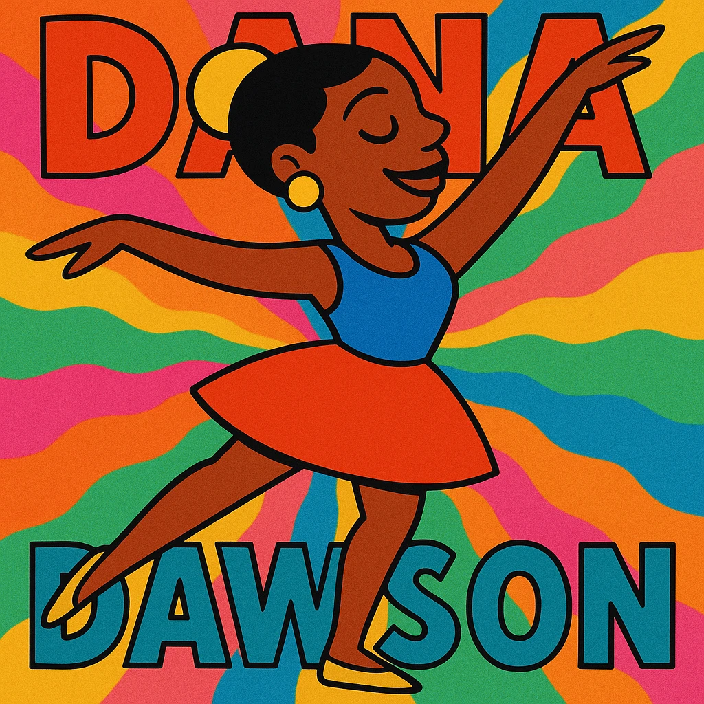 Add a vibrant, colorful background behind Dana Dawson in a dance pose, keep the original vibrant toon style emoji