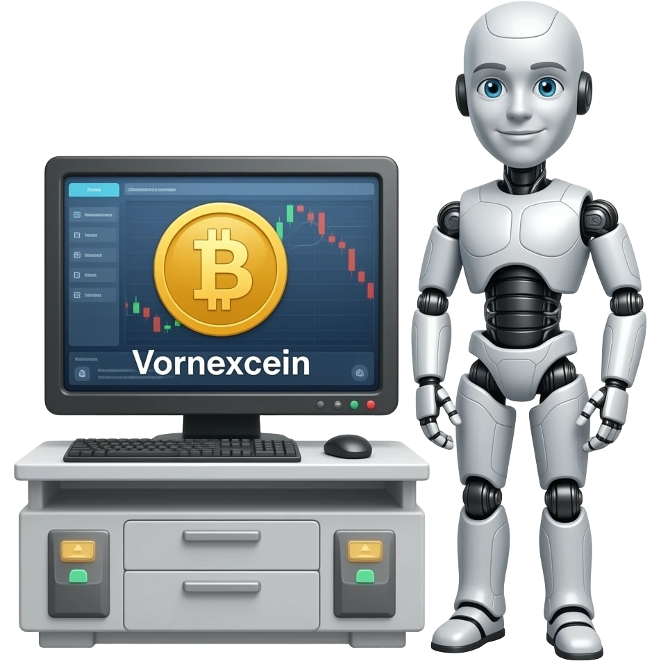 Use this vornexcoin logo to create an image of an ai bot trading on crypto emoji