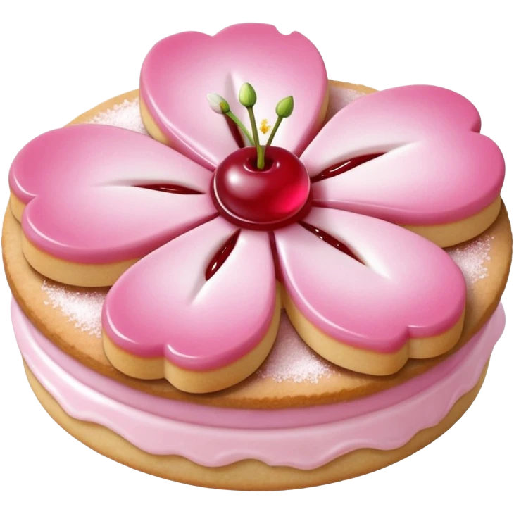 Realistic shortbread cookie in the shape of a cherry blossom with pale pink color jelly middle filling and sprinkled powder sugar on top. emoji