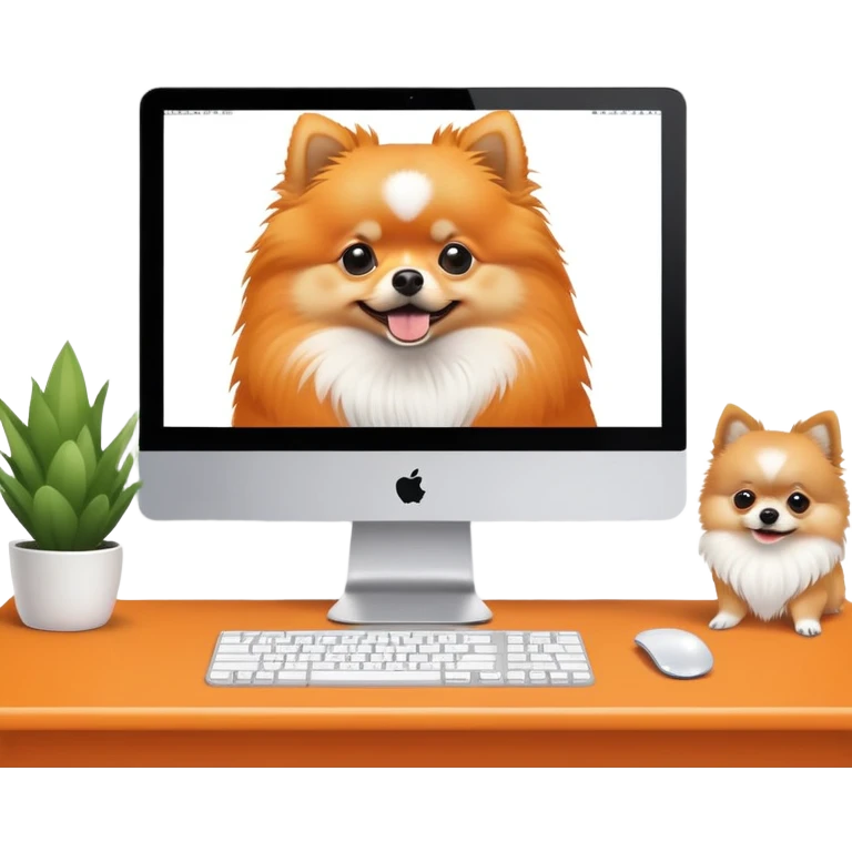 iMac monitor with a Pomeranian dog photo displayed on screen emoji