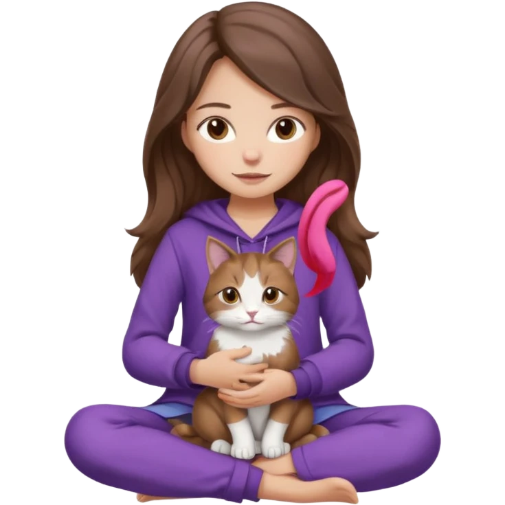a calm girl with long wavy brown hair, brown eyes, cozy purple clothes, sitting cross-legged, gently holding a tricolor cat (brown, white, and grey), iOS emoji style, gentle colors emoji