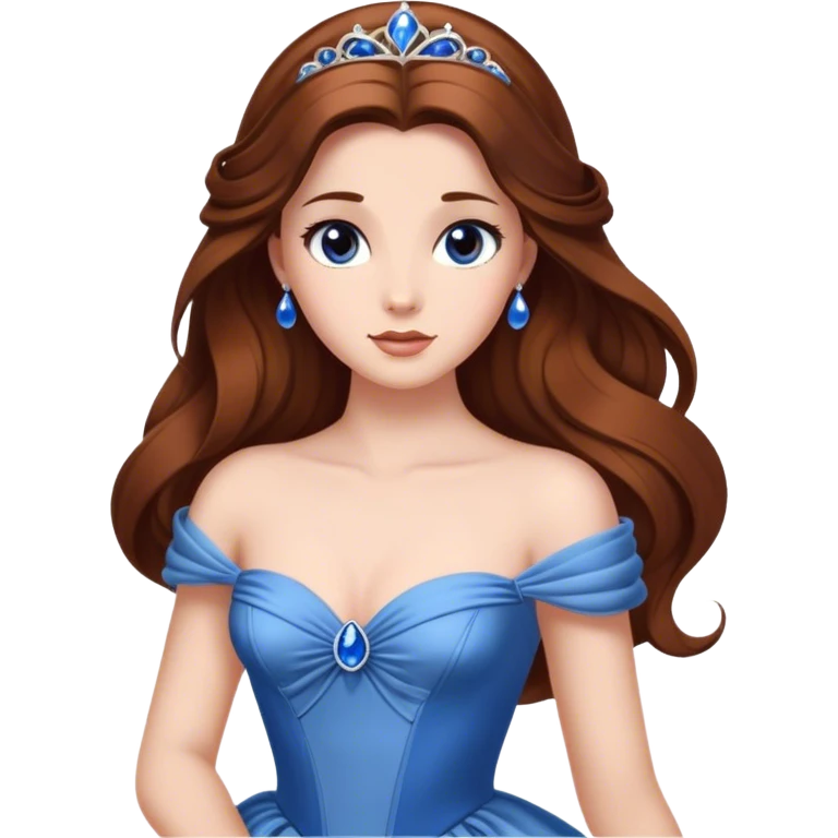 Cinematic Elegant Belle Portrait Emoji, rendered in a realistic, vector-style with minimal shading and bold, simplified shapes. Depict Belle (chest and above) with fair, luminous skin, deep brown expressive eyes, and long, flowing chestnut hair styled elegantly, wearing her classic blue ball gown. The image glows with a soft, warm radiance and high shine, capturing timeless refined beauty. emoji