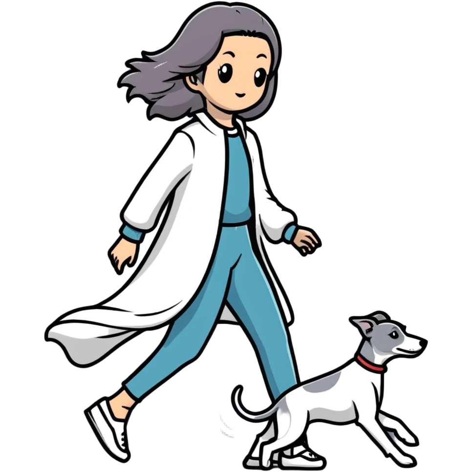 Japanese girl with flowing hair walking a grey greyhound emoji