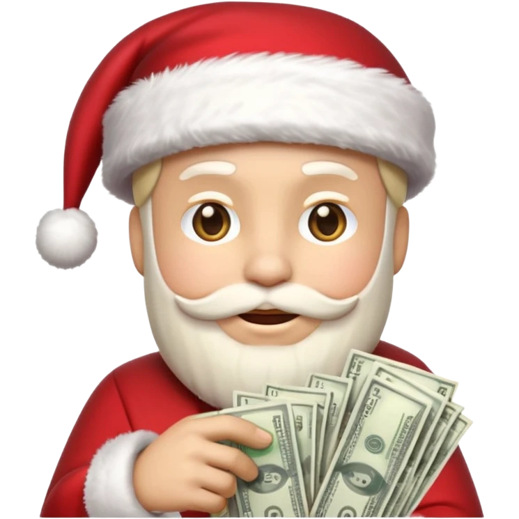 A confident rich emoji face wearing a Santa hat, money stacks, casino vibe, New Year theme, premium 3D emoji style, sharp details, no text, isolated on transparent background emoji