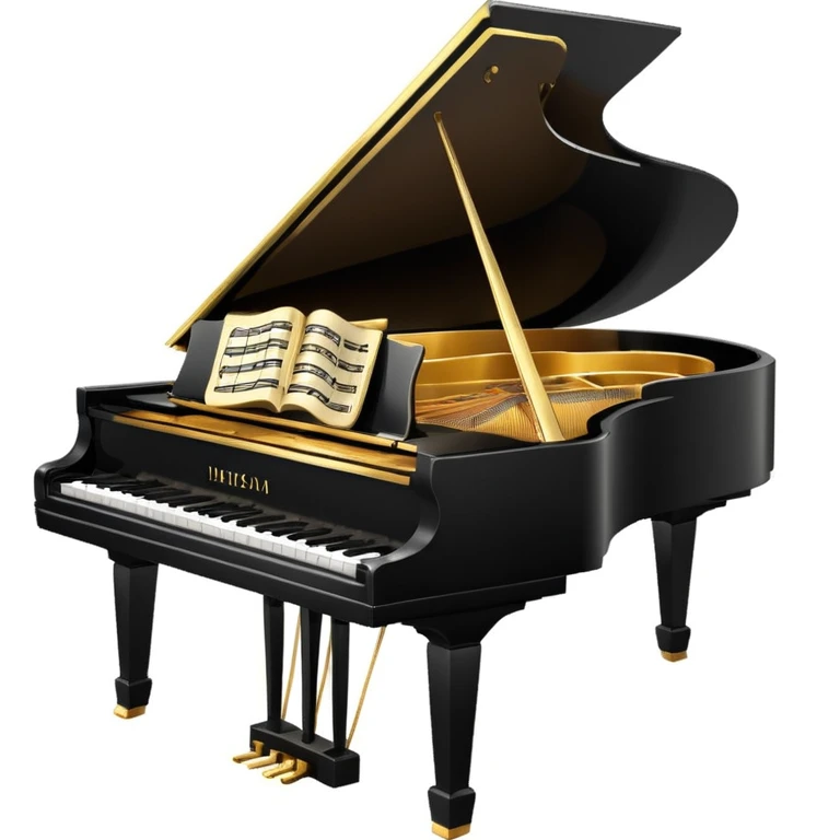 emoji de piano de cauda preto com notas musicais douradas, ambiente refinado, estilo Nova York clássico emoji