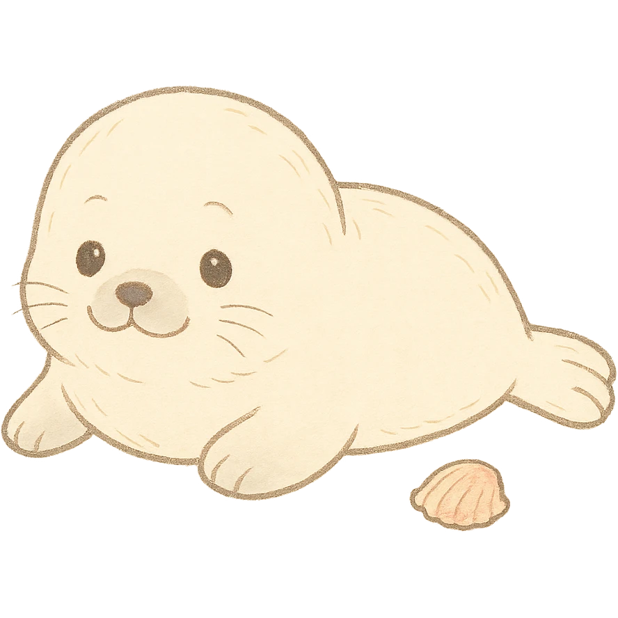 baby seal outline, soft pastel Japanese hand-drawn style, full object, with a tiny shell emoji