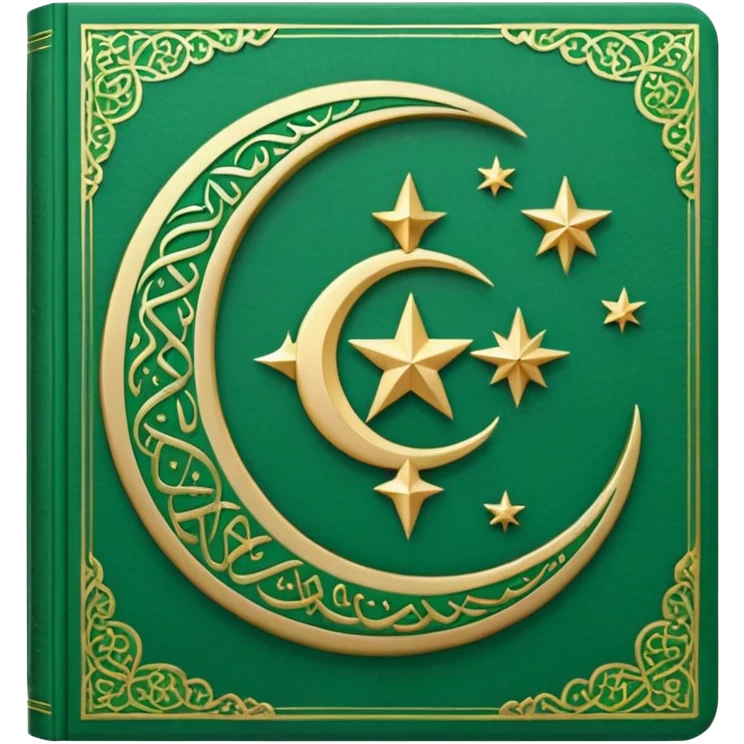 Closed Quran with the Islamic Symbol on it (moon and star) green from left to right emoji