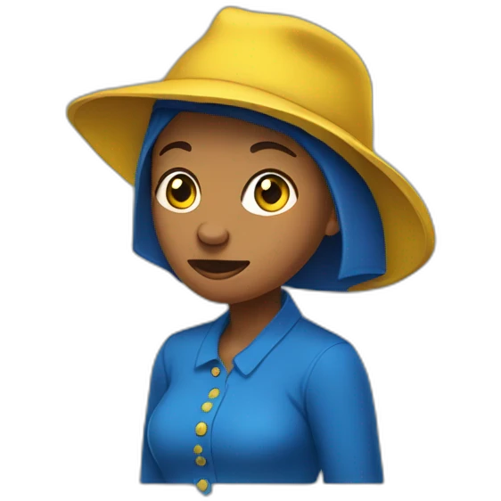Lesotho woman with yellow hat, blue clothes, looking confused emoji