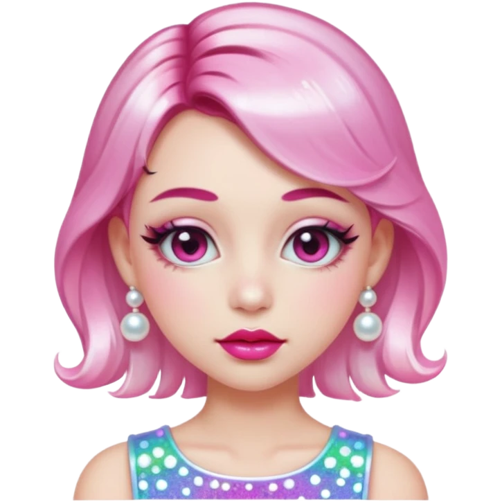 “Emoji girl, glossy pink eyelids, ombré cherry lips, soft contour, subtle glitter under eyes, pearl hair clips, trendy hairstyle, iridescent modern top.” emoji