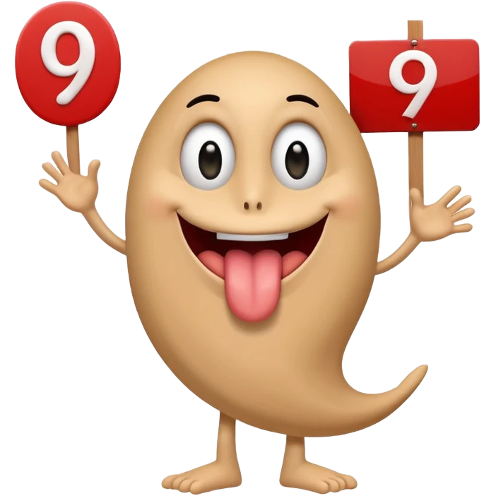 A school that has the number 9 on top of it's eyes holding a sign with the number 9 on the sign with a mouth sticking out his tongue with legs and arms with him being happy full of joy emoji
