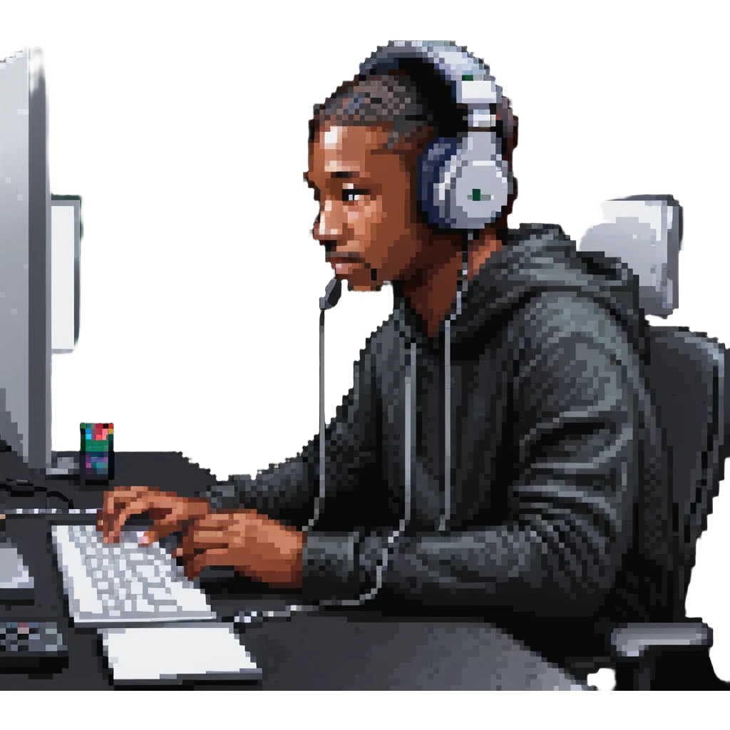 Person with headphones at computer desk recording video emoji