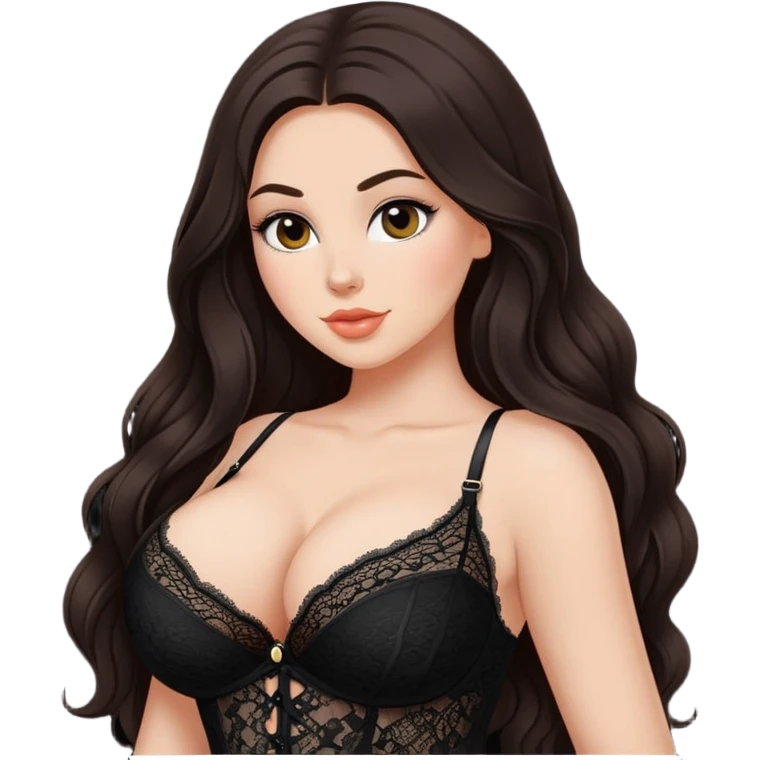 Beautiful Buxom long haired brunette, big juicy booty, wearing black lace, sfw emoji