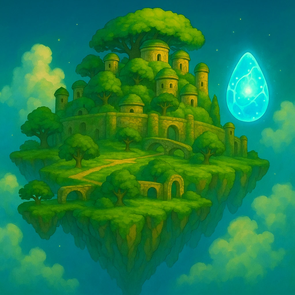 Add the princess's flying stone (levitation crystal) from 'Le Château dans le Ciel' to the scene, glowing and floating near Laputa, in the same Ghibli cartoon style. Do not include the princess. emoji
