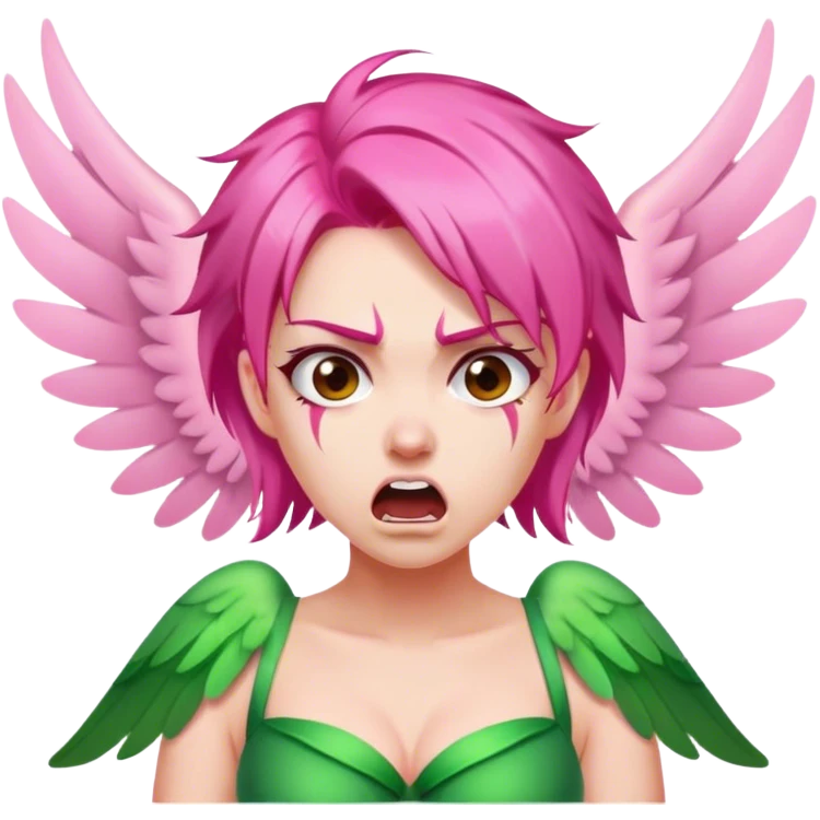 pink hair, pink wing fairy in green dress: anger emoji