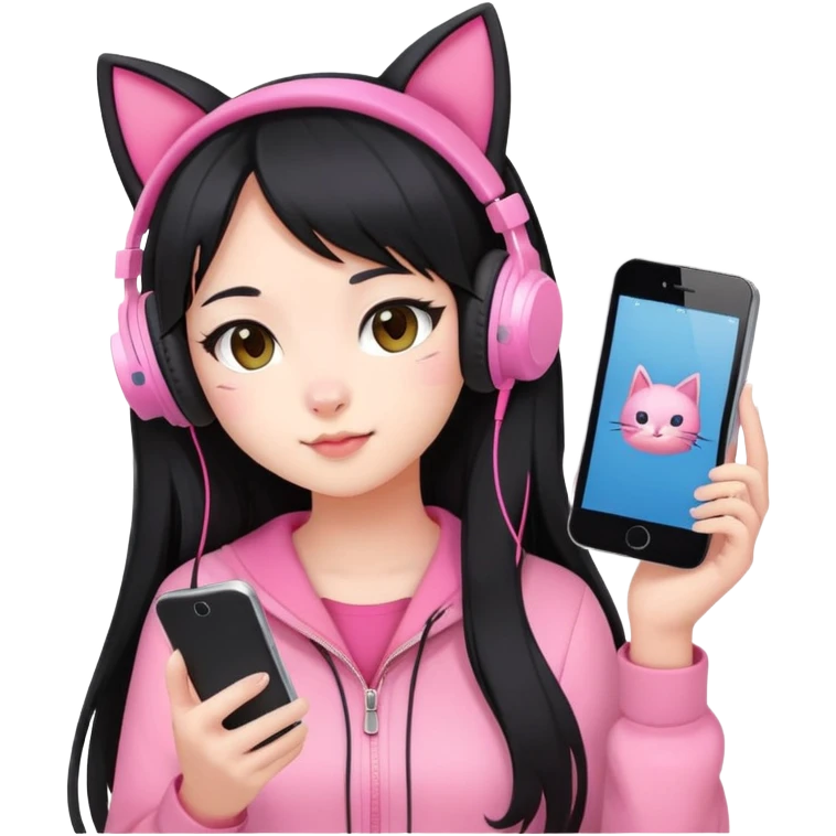 Extra cute Japanese girl with long hair, wearing pink cat ear headphones and holding a mobile phone emoji