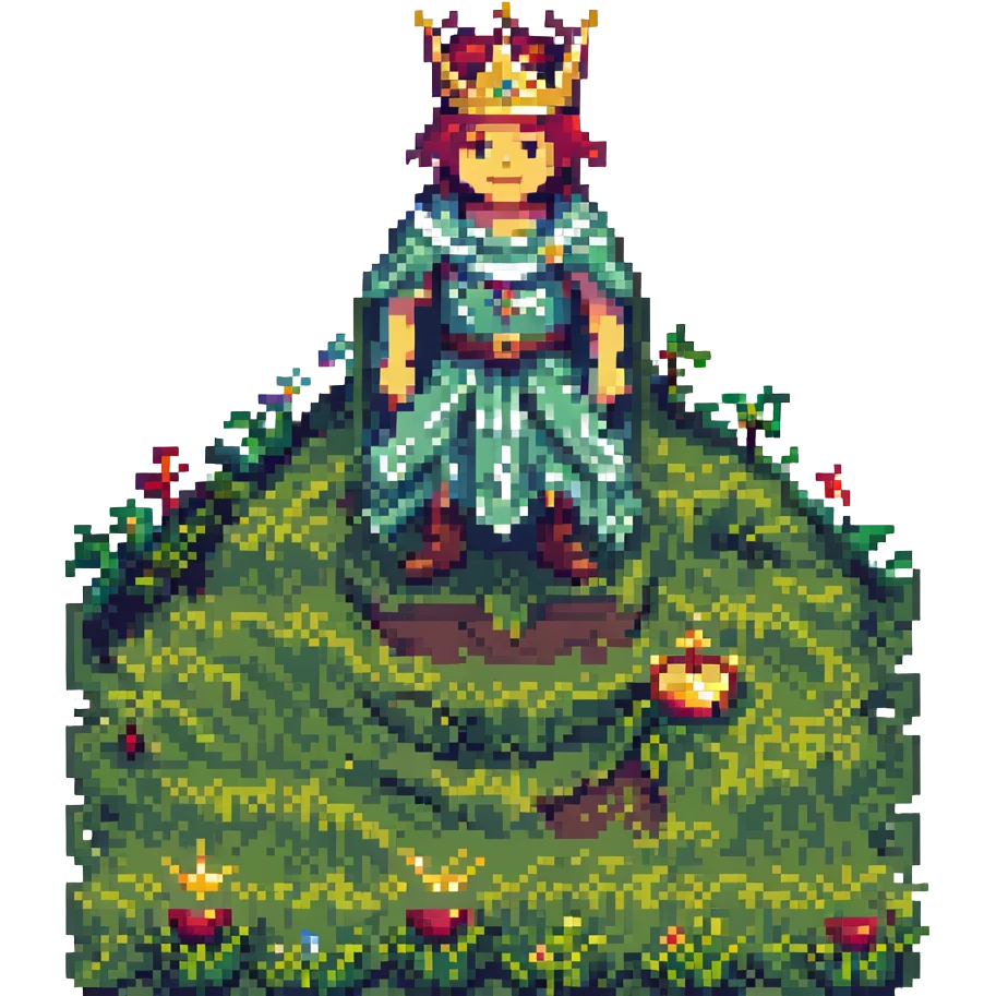 pixelated king with a crown on a grassy hill, retro video game look emoji