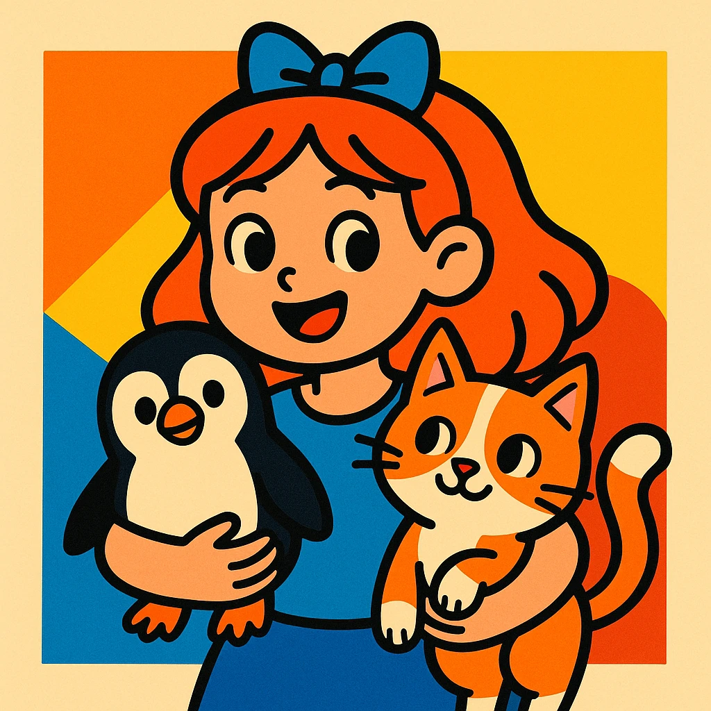 a girl holding a penguin and a cat, vibrant cartoon style emoji