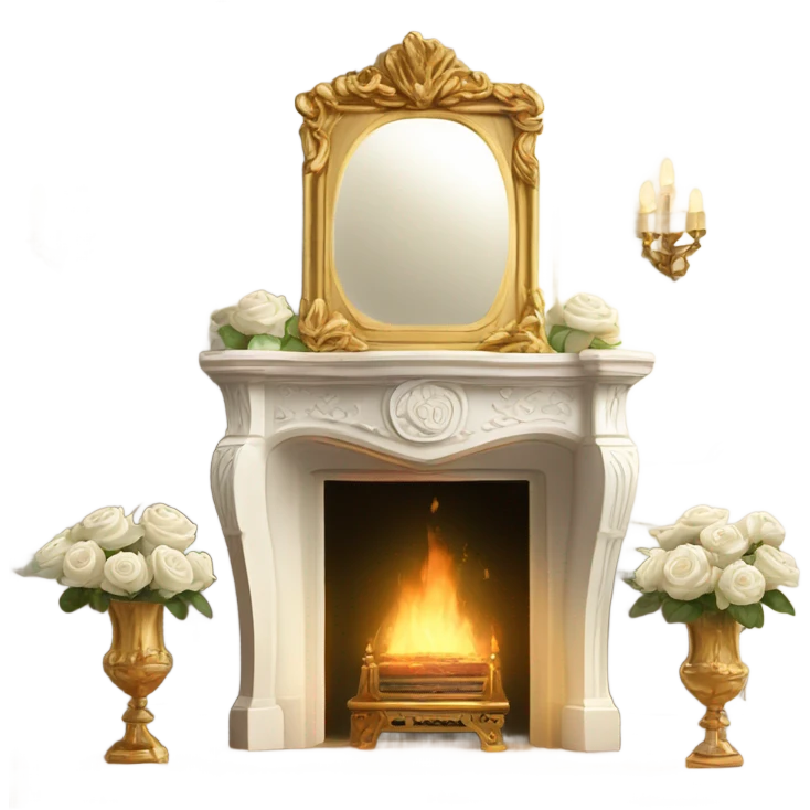 Elegant white fireplace with ornate carvings, a gold-framed mirror above it, and a vase with white roses on top. emoji