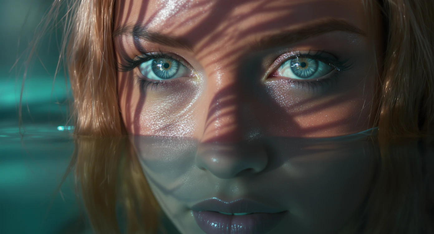 Extreme Closeup photo of a beautifull woman, water reflection on face, low key light, cinematic light, 8K, very detailed, sharp emoji
