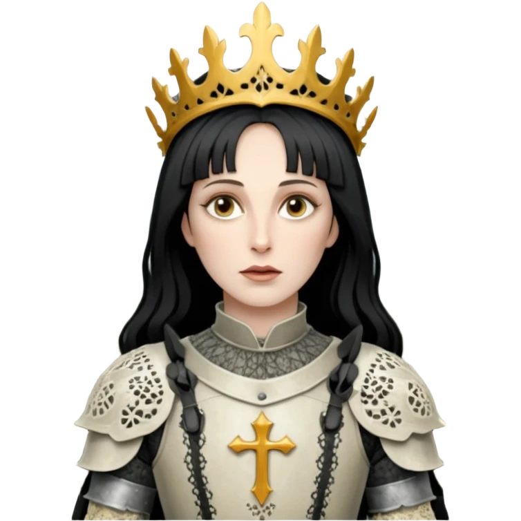 realistic cinematic actress Cher in Victorian lace styling like Joan of Arc dirty damaged armor in a forest emoji