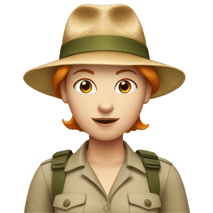 white woman with short ginger hair and safari hat emoji