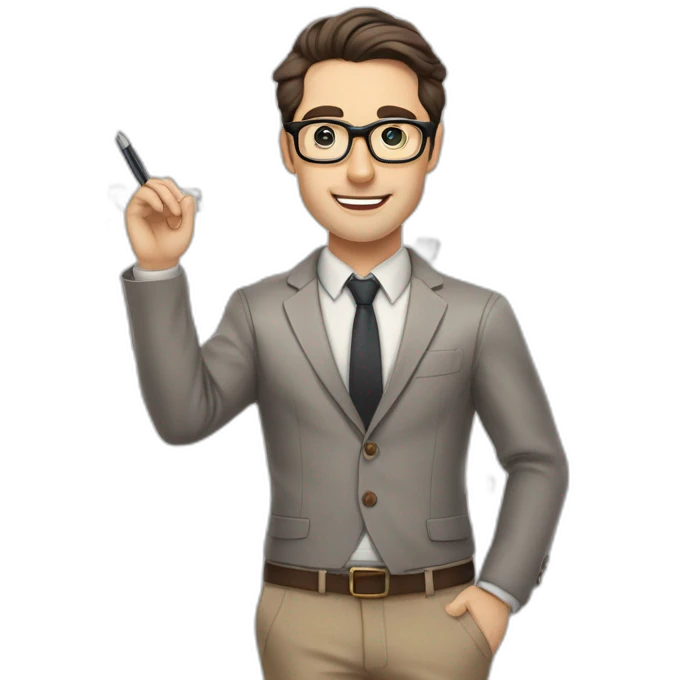 Pale skinned fit man with dark brown hair in gray jacket, beige office shirt, brown tie, brown pants and vintage glasses Writing text on a flipchart emoji